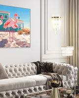 Infuse your space with coastal chic! Explore contemporary art highlighting flamingos and a Hamptons beach house set amidst Palm Beach's tropical palms.