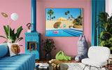 A stylish room with a stunning artwork of a Palm Springs swimming pool scene, featuring a pink pool ring and a striped umbrella, bringing the summer vibes indoors