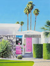 A striking artwork of a midcentury modern home in Palm Springs, featuring a bright pink front door and a classic pink Cadillac parked in the driveway