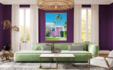 A stunning piece of artwork hangs in a stylish living room that boasts midcentury architecture, a pink Cadillac parked in the driveway, and a vibrant pink front door