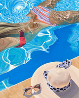 An exquisitely painted portrait of a young girl in a bright bikini, immersed in the refreshing blue water of a shimmering swimming pool