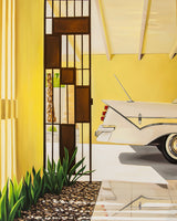 A picturesque depiction of a classic car parked outside a mid-century home in Palm Springs, an art lover's dream