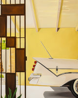 A stunning piece of art that captures the essence of Palm Springs living, featuring a classic car in a mid-century carport.