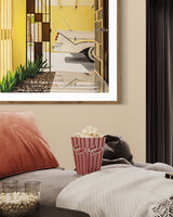 A vintage car parked in a chic carport in Palm Springs. The artwork captures the essence of mid-century style