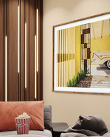The epitome of mid-century modern, this artwork features a classic car parked in the carport of a Palm Springs home. The vibrant colors pop in this theatre room