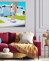 A colorful and vibrant piece of art depicting a woman approaching a pink door in Palm Springs