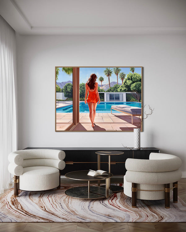 A serene mid-century modern scene with a woman by a pool in California, basking in morning sunlight amidst palm trees.