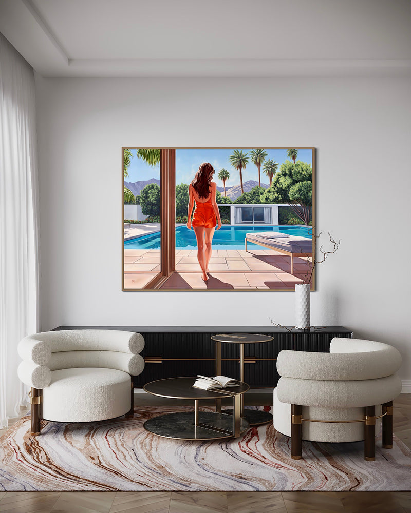 A serene mid-century modern scene with a woman by a pool in California, basking in morning sunlight amidst palm trees.