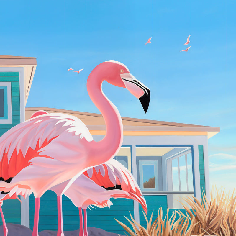 Dive into coastal elegance! Decorate your home with contemporary artwork featuring flamingos and a Hamptons-style beach house nestled in Palm Beach palms