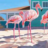 Embrace seaside serenity! Enhance your decor with contemporary art depicting flamingos and a Hamptons beach house among swaying palm trees in Palm Beach