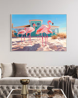 Elevate your home decor with beachside bliss! Contemporary artwork featuring flamingos and a Hamptons-style beach house amid Palm Beach palms