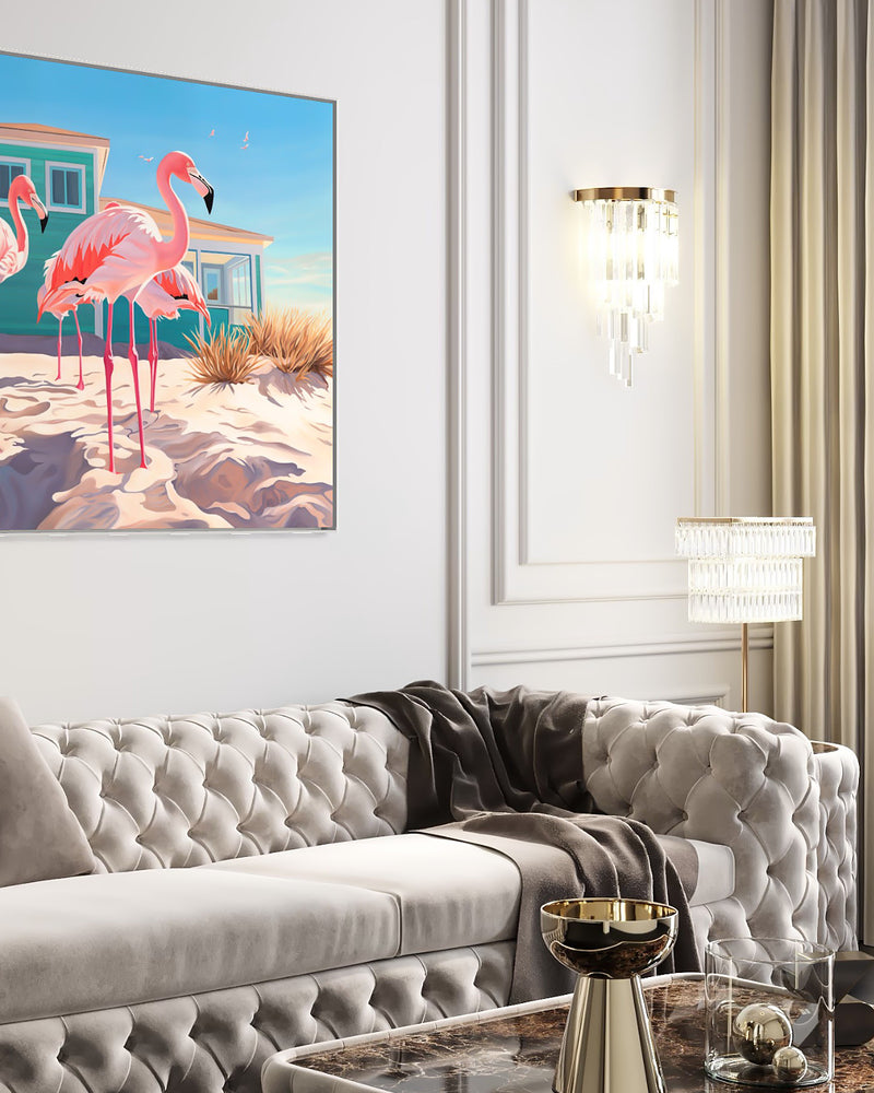 Infuse your space with coastal chic! Explore contemporary art highlighting flamingos and a Hamptons beach house set amidst Palm Beach's tropical palms. 
