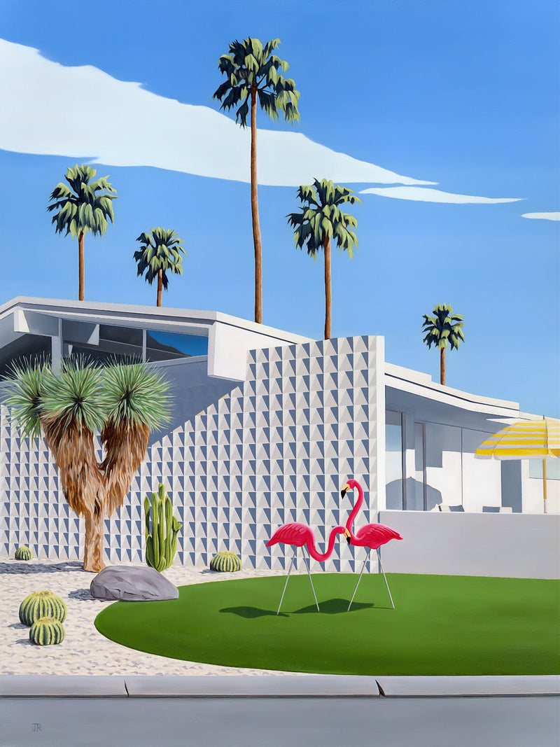 Wall art, Two pink flamingo garden ornaments stand proudly on the front lawn of a stunning mid-century modern home with palm trees and cactus gardens