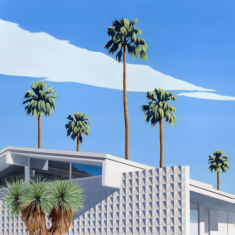 A visually appealing artwork captures the essence of a mid-century modern home with two pink flamingo garden ornaments, palm trees, and cactus gardens