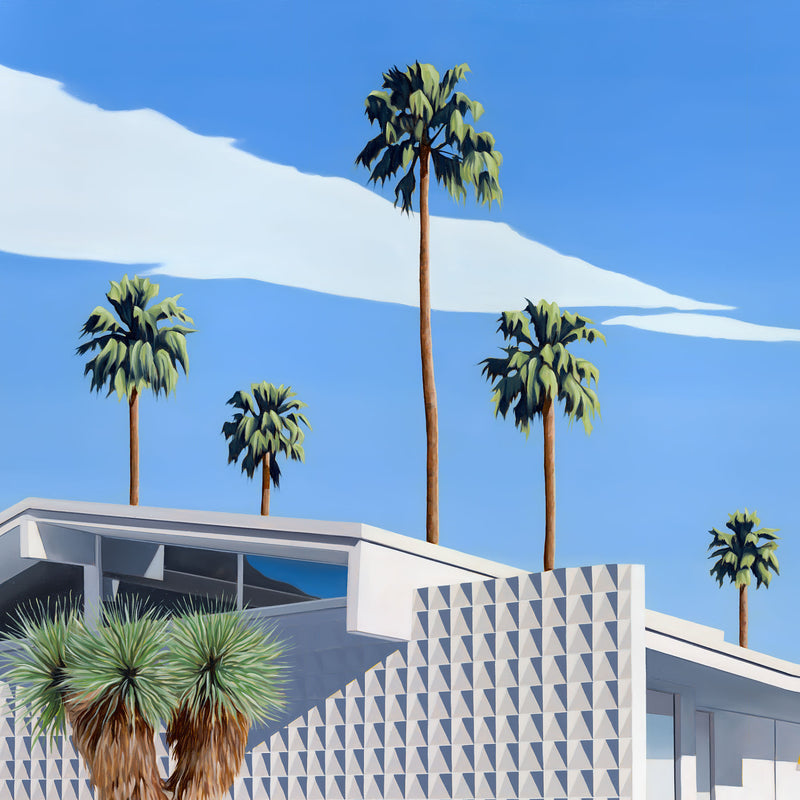 A visually appealing artwork captures the essence of a mid-century modern home with two pink flamingo garden ornaments, palm trees, and cactus gardens