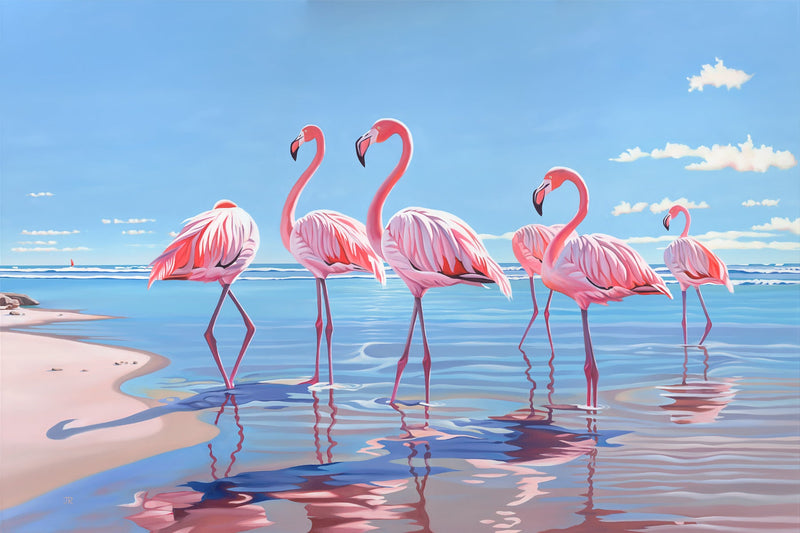 Capture the essence of Palm Beach! Elevate your home decor with contemporary art showcasing flamingos and a Hamptons beach house surrounded by palm trees