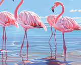 Embrace seaside serenity! Enhance your decor with contemporary art depicting flamingos and a Hamptons beach house among swaying palm trees in Palm Beach