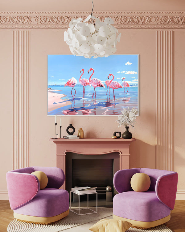 Elevate your home decor with beachside bliss! Contemporary artwork featuring flamingos and a Hamptons-style beach house amid Palm Beach palm