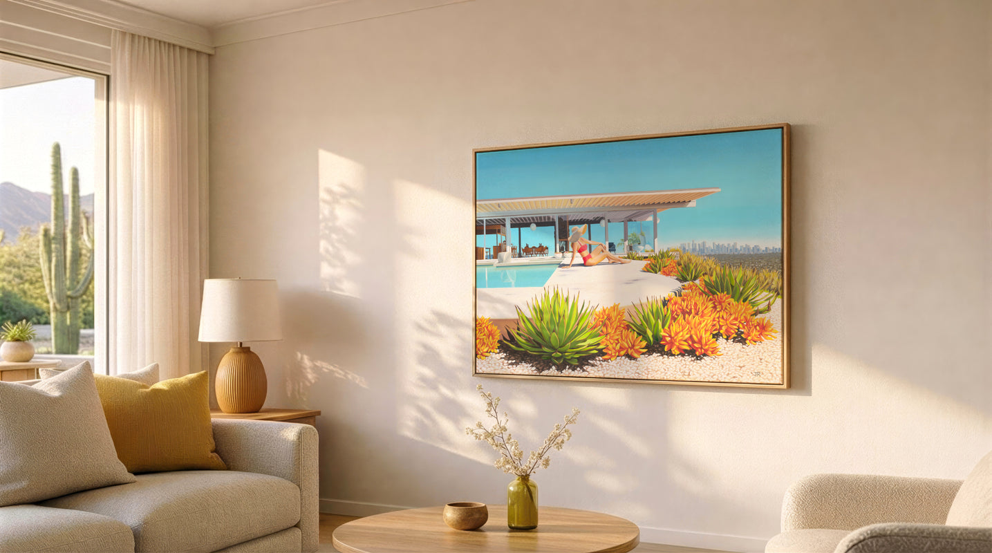 Living room with a large Painting displaying a lady by the pool at Stahl House in LA, surrounded by decor elements.