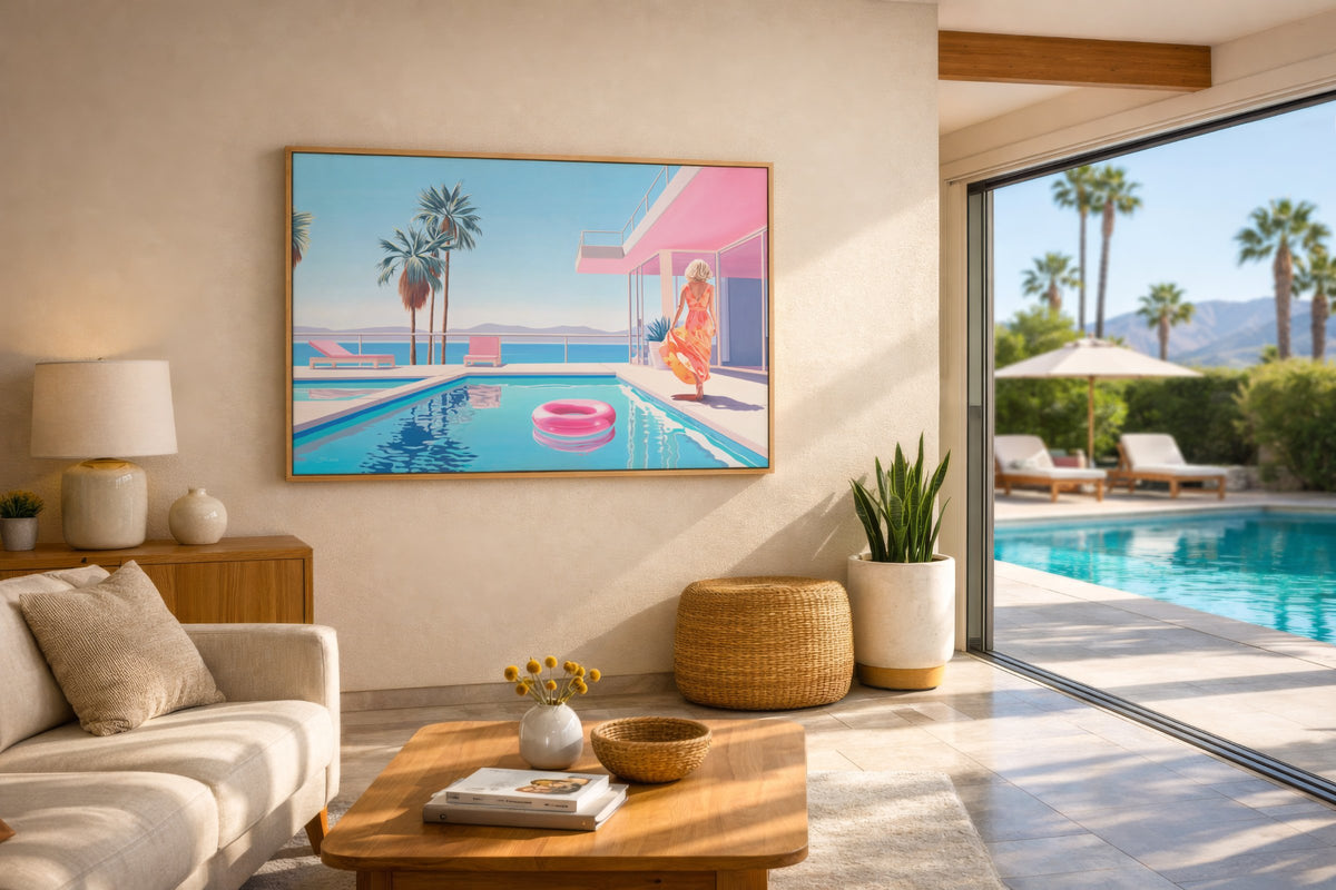 Modern living room with a large Canvas Print displaying a pool scene, surrounded by palm trees.