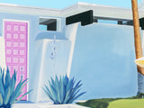 Artistic depiction of a coastal scene with a pink door, white columns, and blue sky.