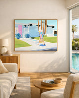 Modern living room with a colorful painting of a pool scene on the wall.