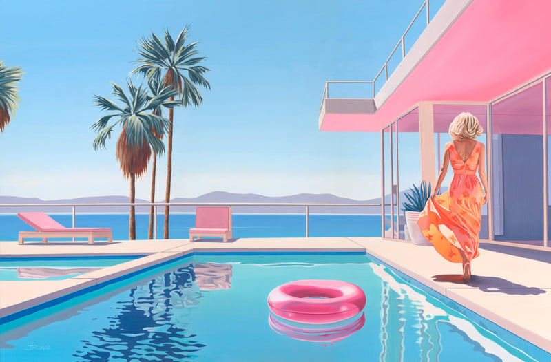 Painting of a serene poolside with a woman in an orange floral dress walking towards a modern, pink-accented house. Features a blue pool with a pink inflatable ring, pink lounge chairs, palm trees, and an ocean view with distant mountains under a clear blue sky.