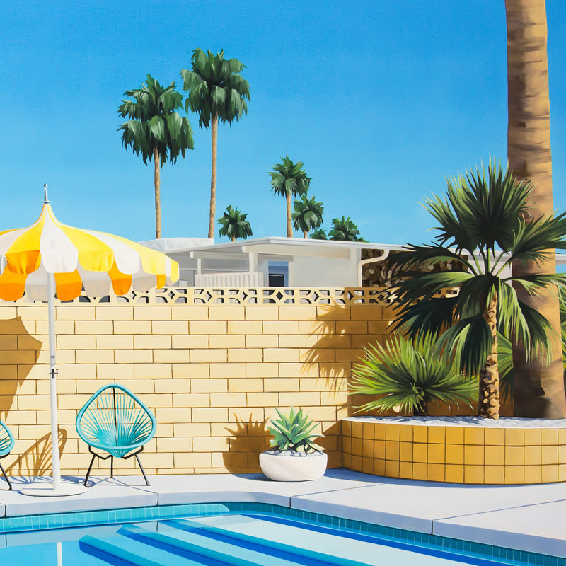 an artwork of a vibrant Palm Springs swimming pool scene, complete with a yellow and white striped umbrella and a playful pink pool ring floating on the water.