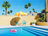 A beautiful pool scene artwork, showcasing a yellow and white striped umbrella and a playful pink pool ring floating on a clear blue swimming pool in Palm Springs
