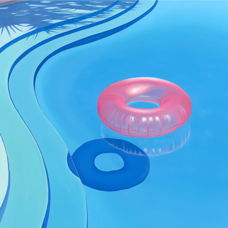 Painting of a pink inflatable pool ring floating in a crystal clear swimming pool